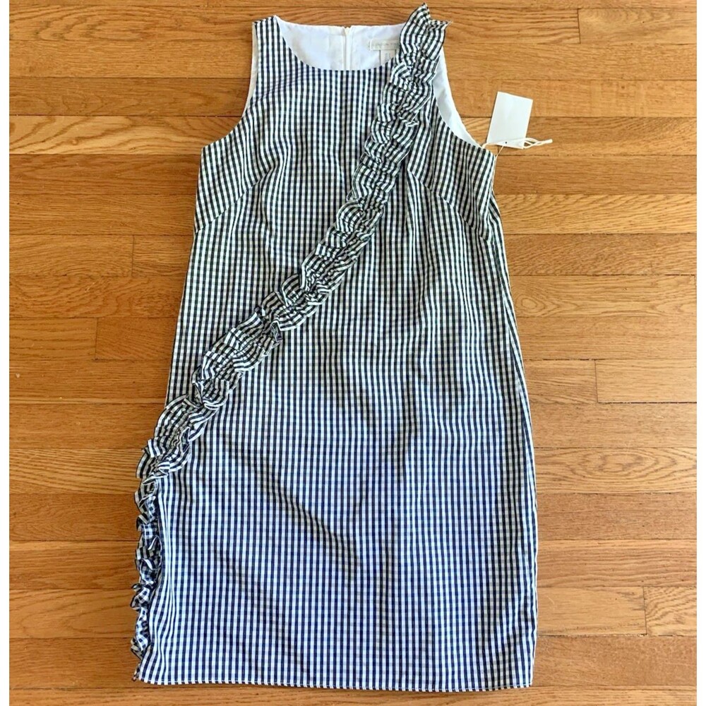 London Times Dress Womens 4 Cobalt Blue Gingham Plaid Ruffle Sheath Lined NWT